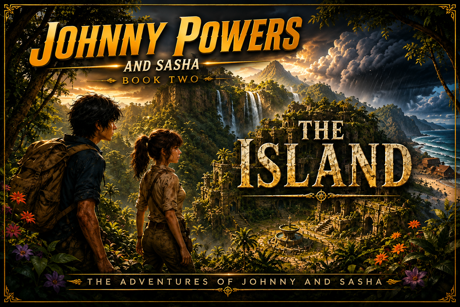 Book cover for 'The Island' from 'Johnny Powers and Sasha' series, featuring two characters, a male and a female, with a jungle and waterfall in the background.