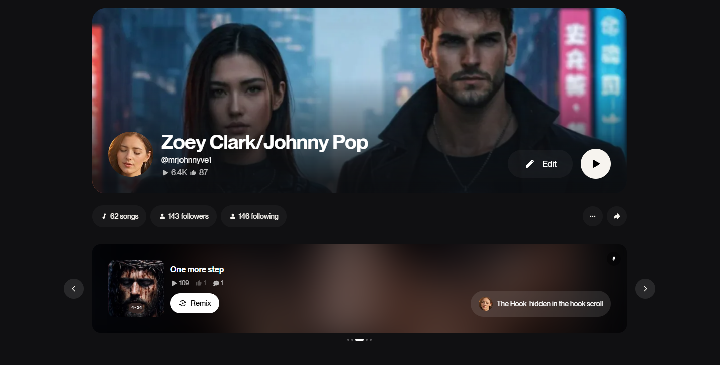 Profile page of Zoey Clark and Johnny Pop with a banner image showing two characters with serious expressions in a city background. The page displays follower stats, music tracks, and options to edit or play content.