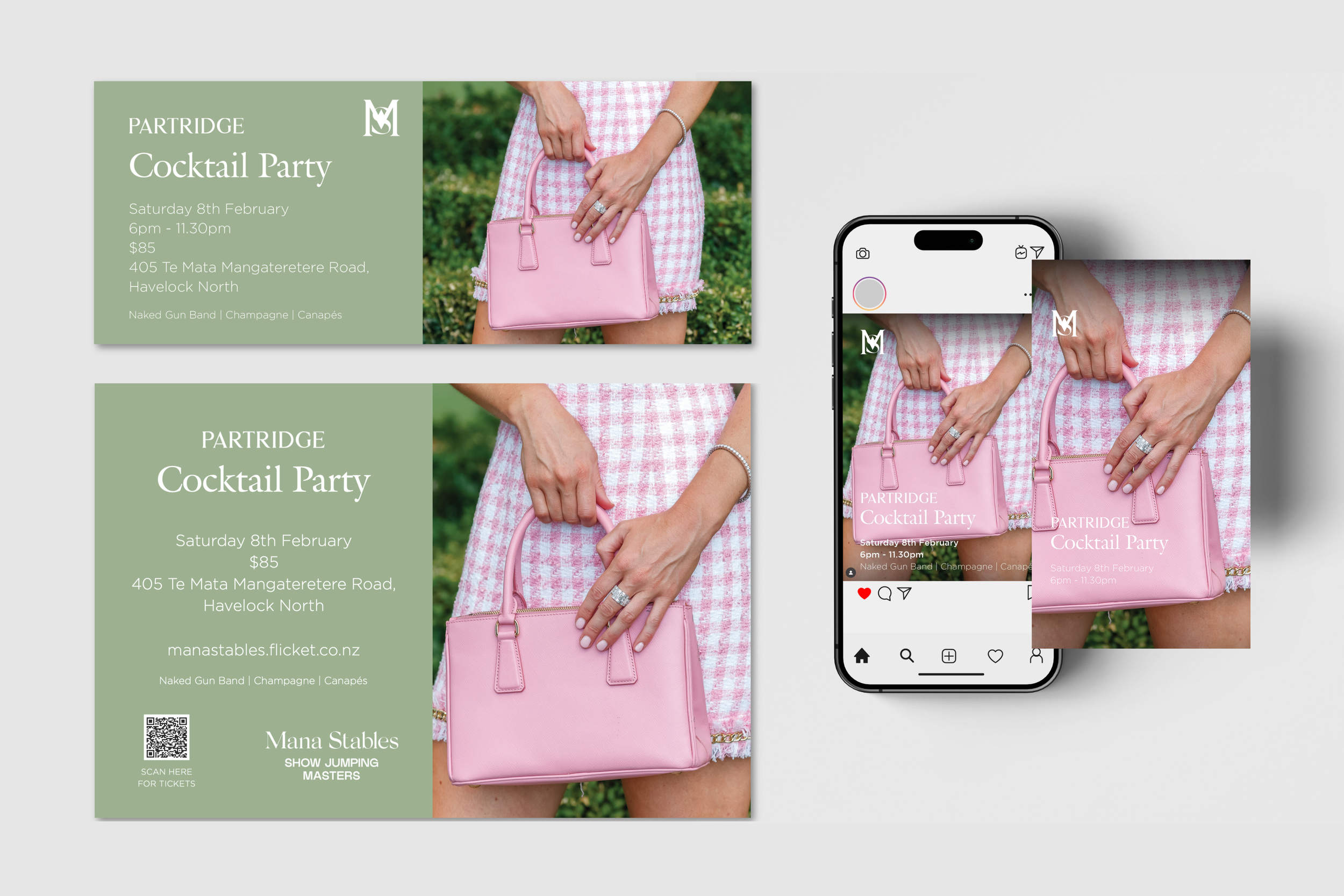 Mana Stables × Partridge Cocktail Party — advertising assets for a sponsored showjumping event, combining typography, photography and brand colour across social assets, signage and ticket page banners.