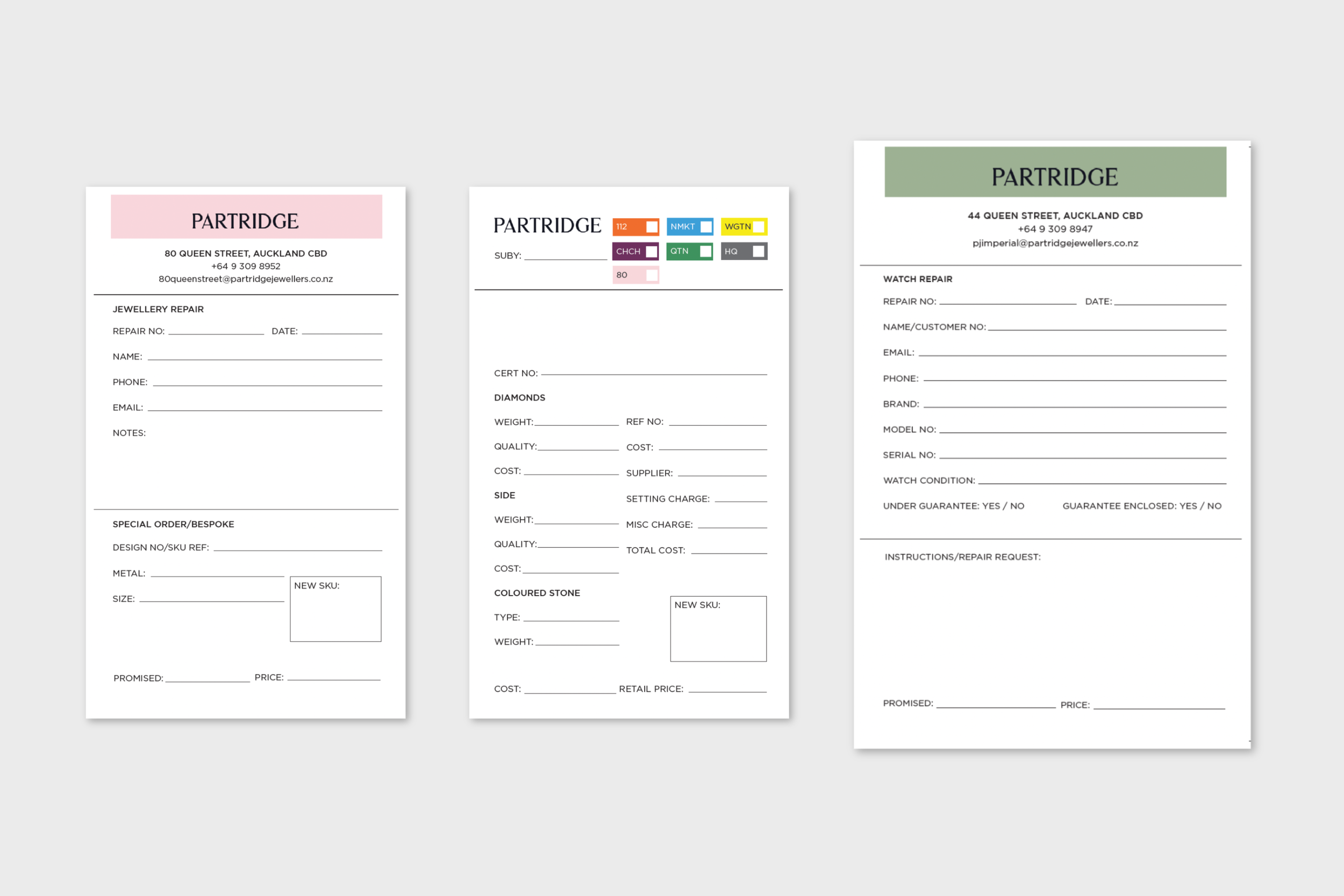 Jewellery and Watch Repair Packets — Redesign of repair packets using the new brand identity and improving size, layout and usability for staff when recording repair details.