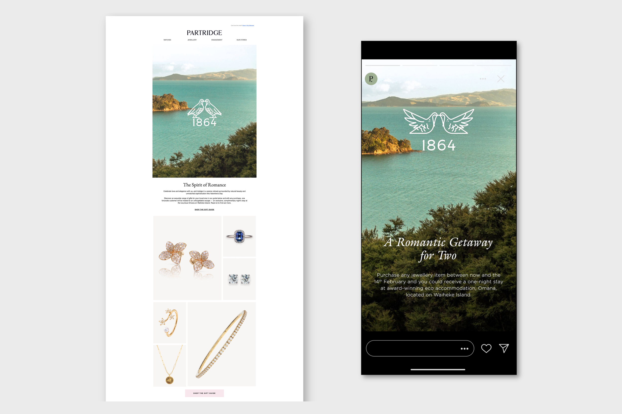 A Romantic Getaway for Two — Valentine’s Day promotion with Omana Accommodation, Waiheke. Social assets and eDM design.