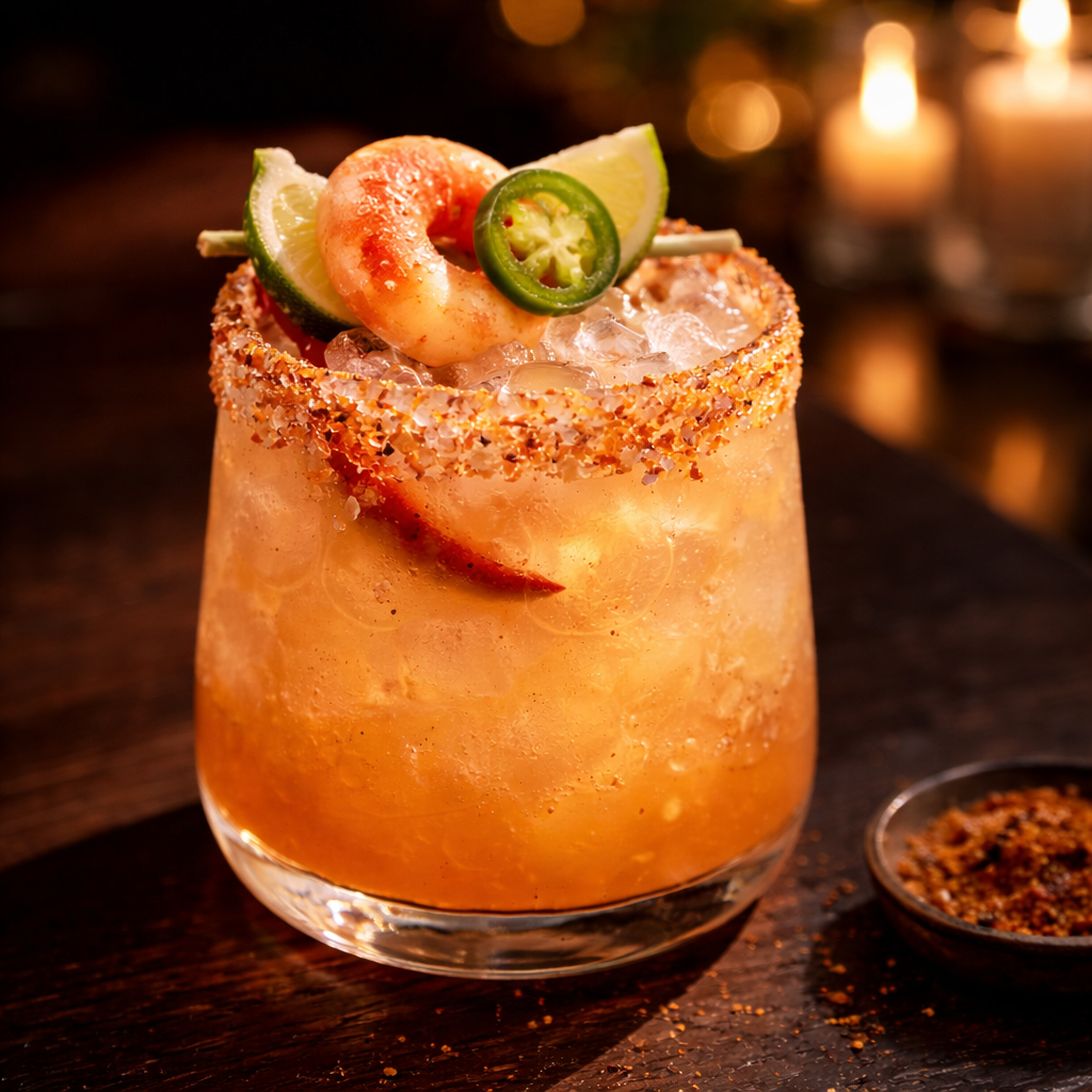 A cocktail glass with an orange-colored drink, ice, and garnished with a shrimp, lime wedge, and sliced jalapeño pepper, with chili flakes on the rim.
