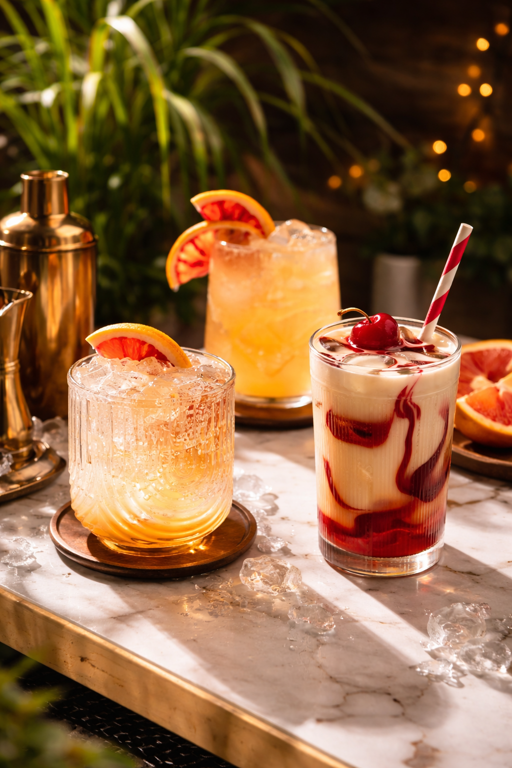 Three cocktails with ice, garnished with citrus and cherries, on a marble bar top with ice cubes and bar tools, in a warmly lit setting.