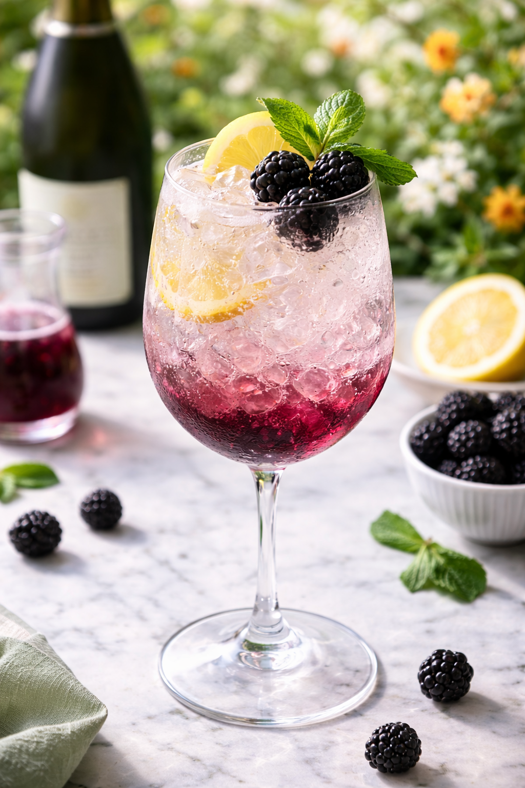 A tall glass of blackberry and lemon cocktail garnished with blackberries and mint leaves, with a lemon slice on top, set on a marble surface with scattered blackberries and a bowl of blackberries in the background.