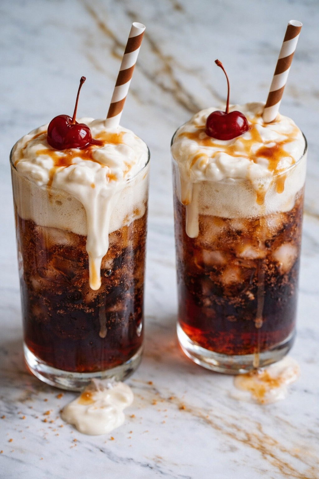 Two glasses of cherry Coca-Cola floats topped with whipped cream, maraschino cherries, and striped paper straws, with spilled cream and caramel drips on a white marble surface.