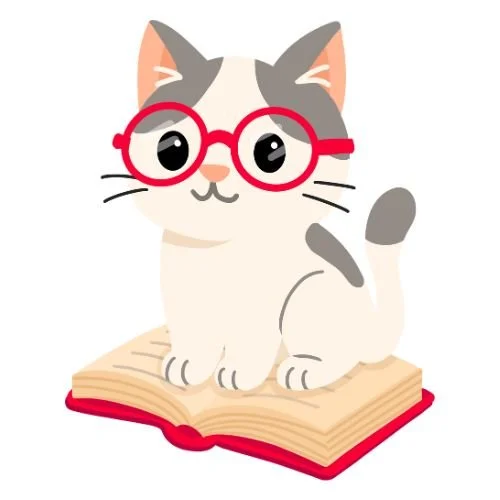 Illustration of a cat wearing glasses, sitting on a book