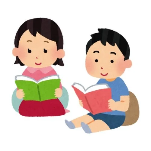 Illustration of young boy and girl sitting and reading