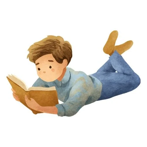 Illustration of a teen boy lying down and reading