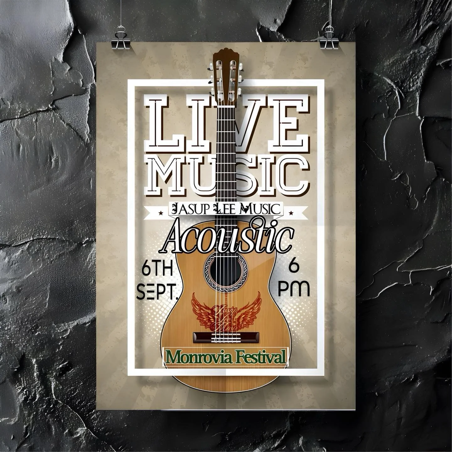 Poster for an acoustic live music event at Monrovia Festival on September 6th at 6 PM, featuring a guitar with a red winged emblem.