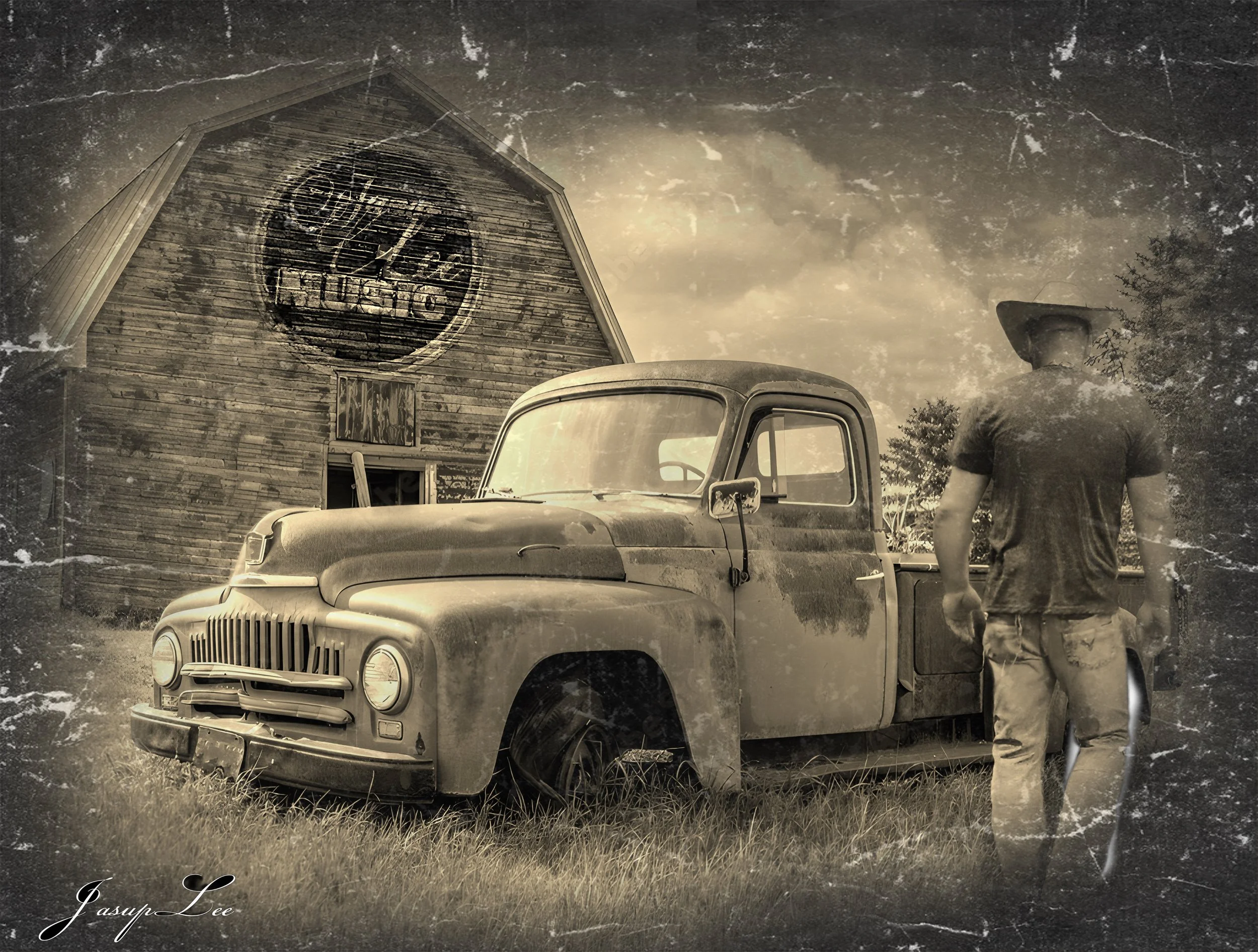 A vintage black-and-white photo shows an old pickup truck parked on a grassy field in front of a large wooden barn with a circular sign that says 'HAY FORTY' on its roof. A person with a hat and casual clothing is walking away from the camera near the truck.