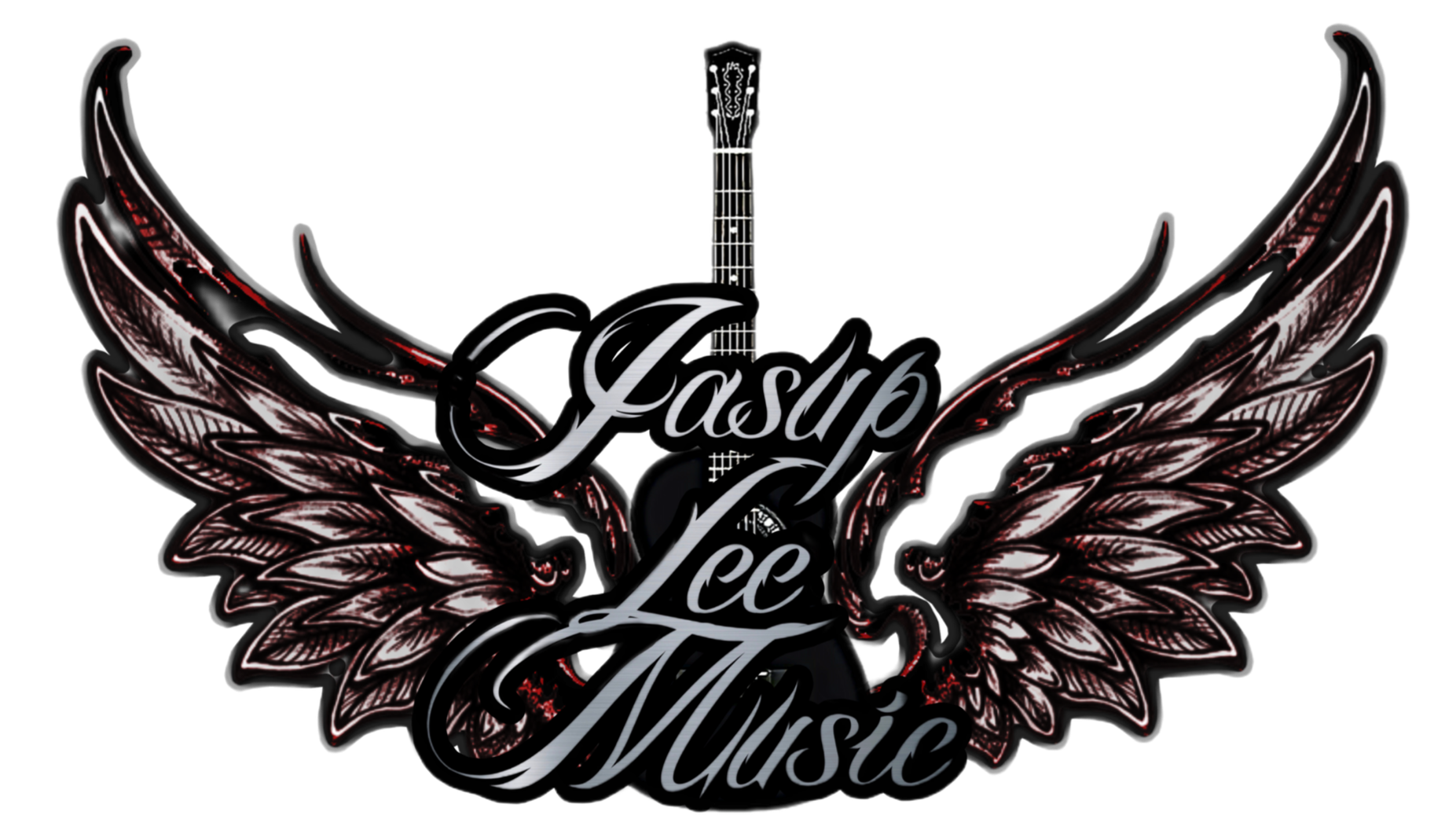 A graphic design with a black electric guitar in the background, stylized wings on either side, and the words 'Jasp Lceusic' in an elegant script font.