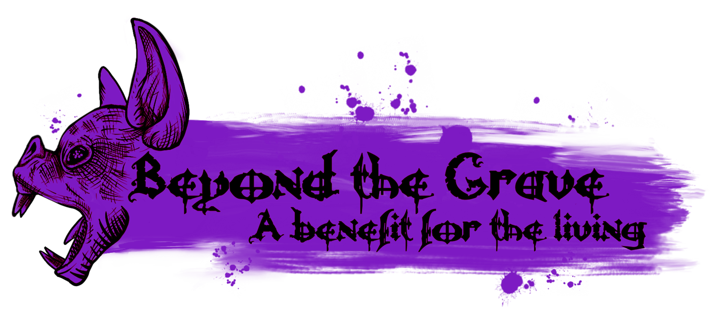 Purple background with a black and purple illustration of a bat head on the left and the text 'Beyond the Grave: A Deficit for the Living' in gothic font in the center.