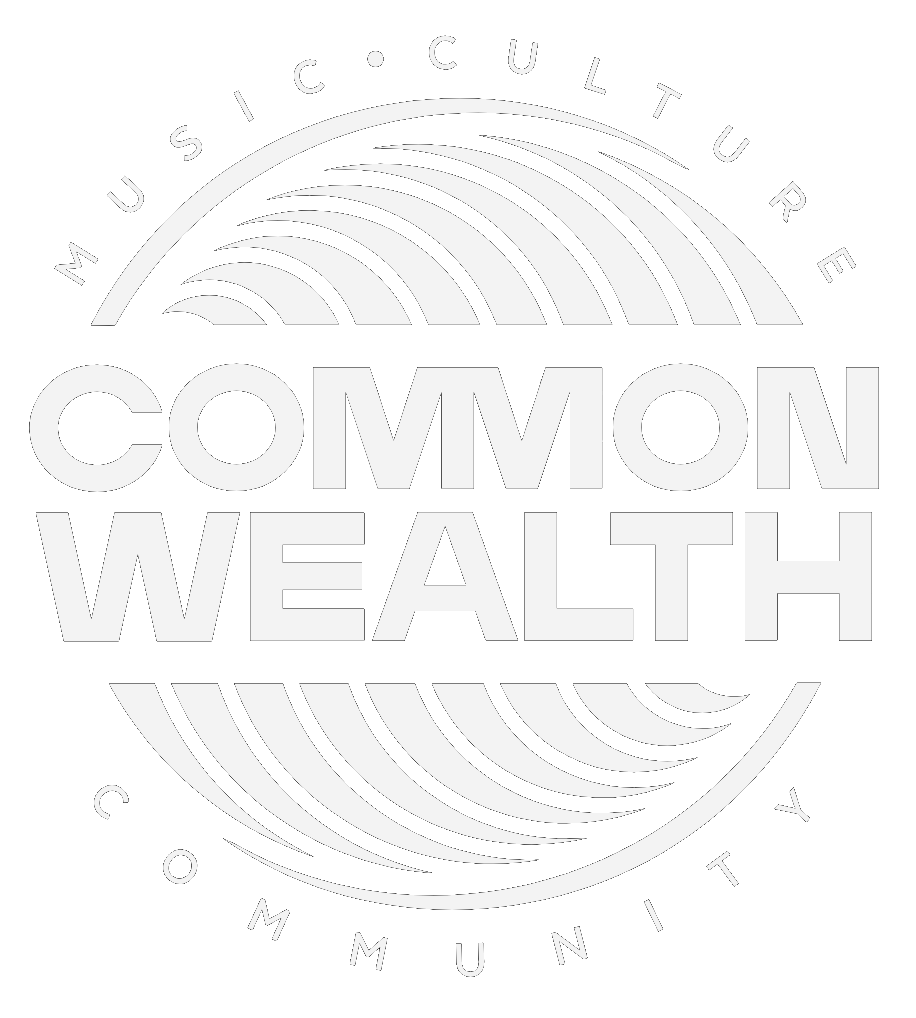 Black and white logo with the words "Common Wealth" prominently displayed in the center, surrounded by 'Music Culture Community' curved around the top and bottom.