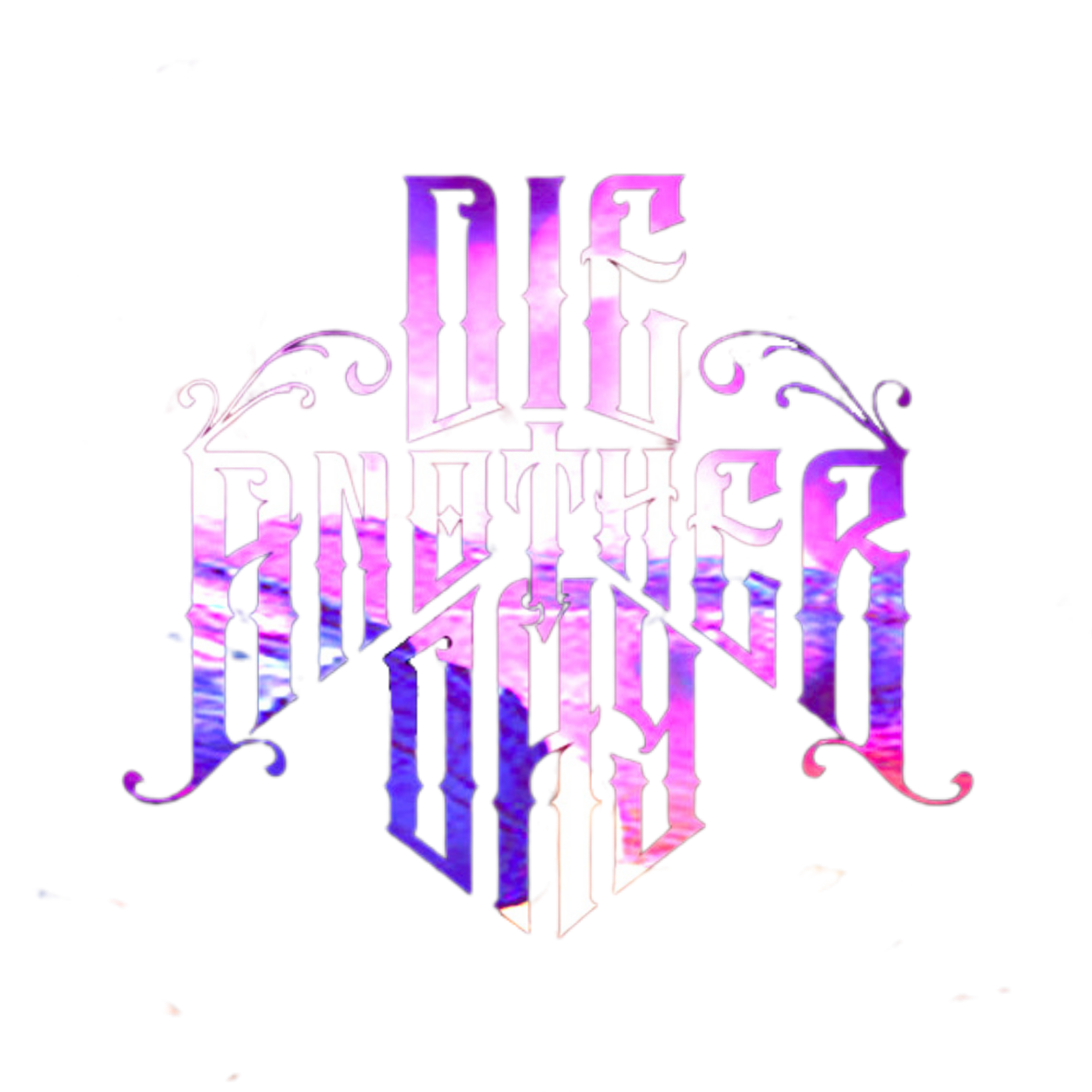 Stylized text reading "Die Another Day" with a purple and pink ocean and sunset reflection, mirrored on the water, set against a black background.