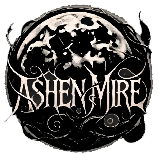 A black and white illustration of a crescent moon with a cityscape inside it, with stylized text that reads "Ashen Mire."