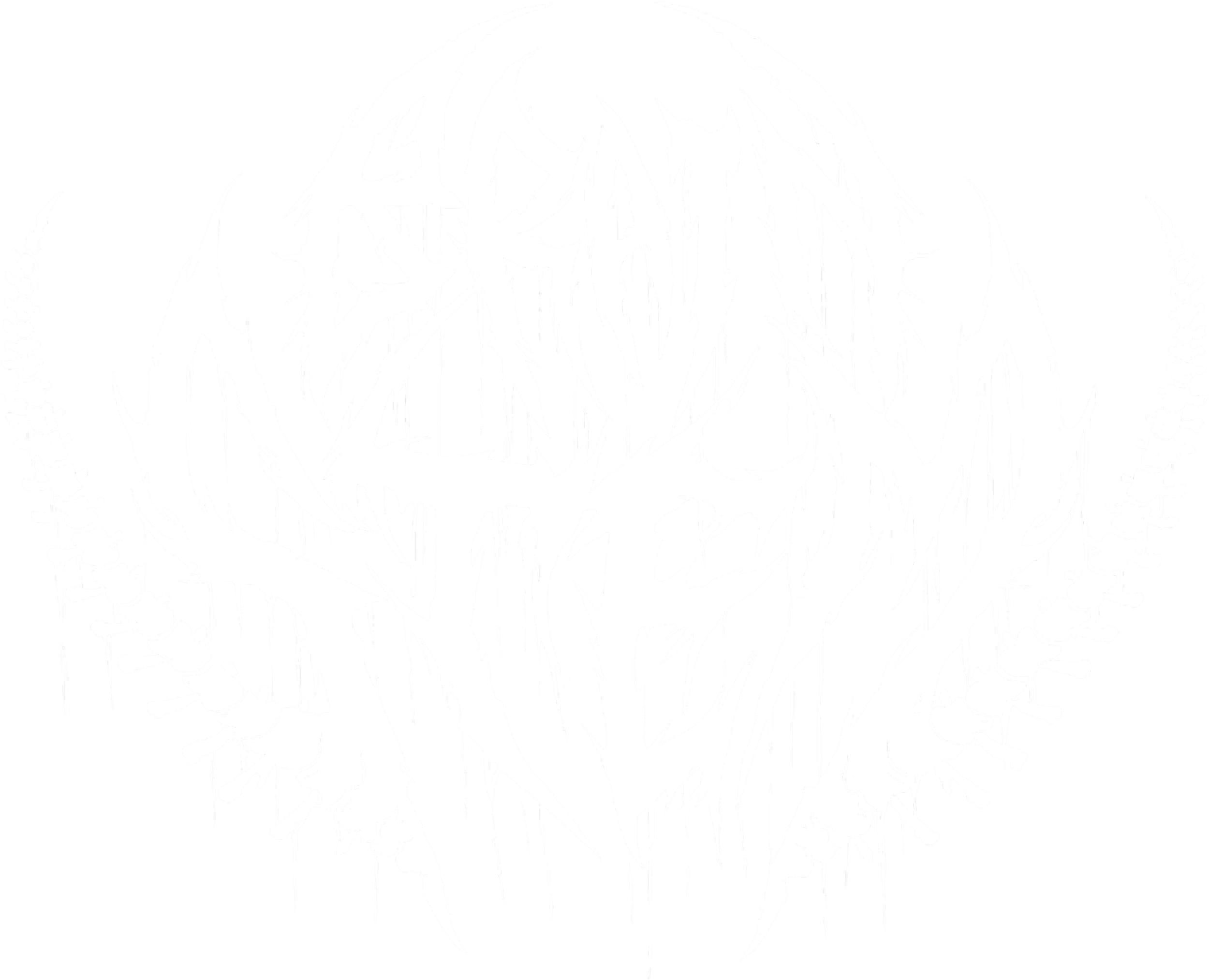 Black and white graphic of a heart shaped design with skeletal elements and intricate, spiky, metal band style text.