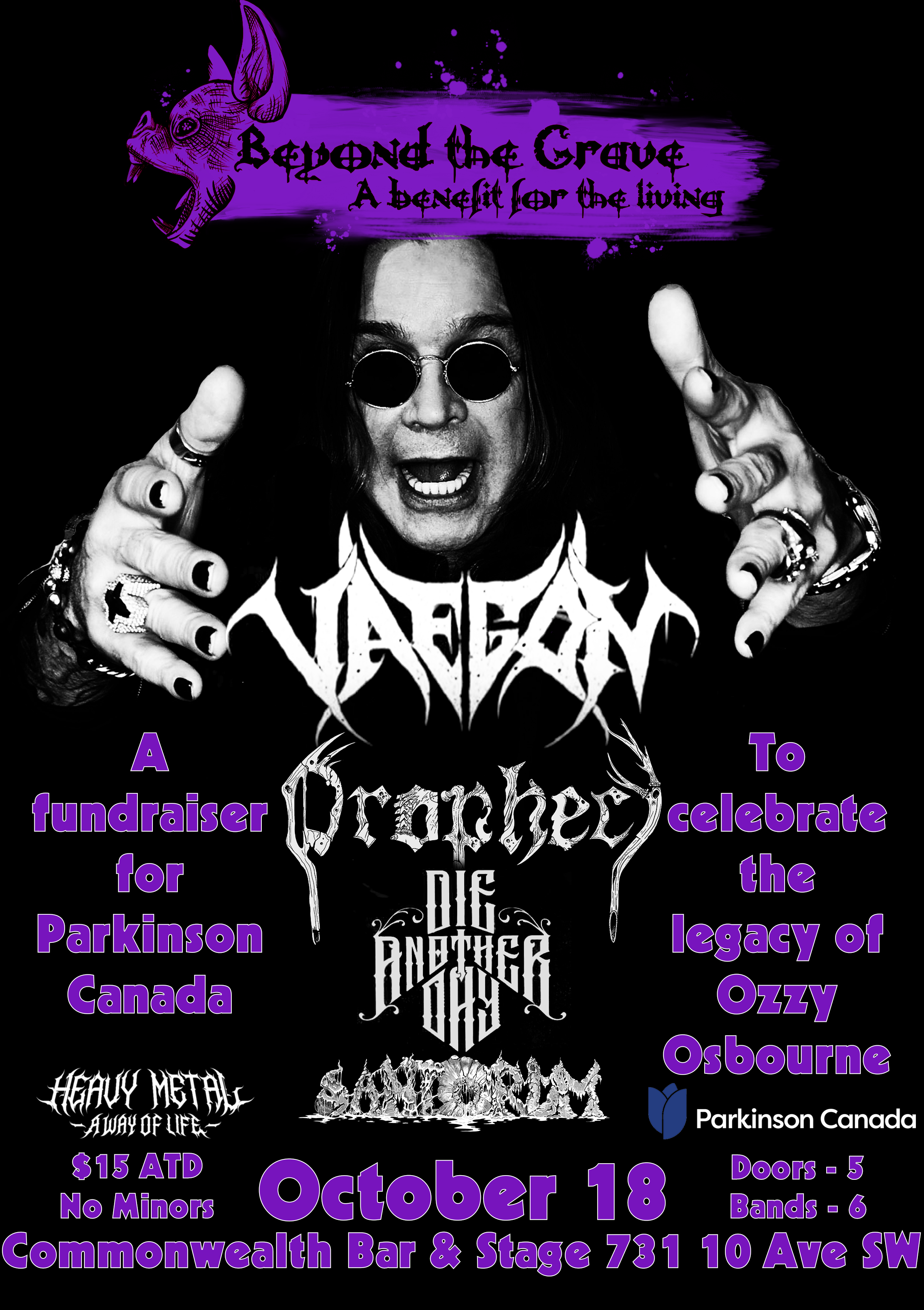 Poster for a charity heavy metal concert featuring Ozzy Osbourne, with black and purple color scheme, showcasing Ozzy with sunglasses and tattoos, promoting a fundraiser for Parkinson Canada on October 18 at Commonwealth Bar & Stage, 10 Ave SW.