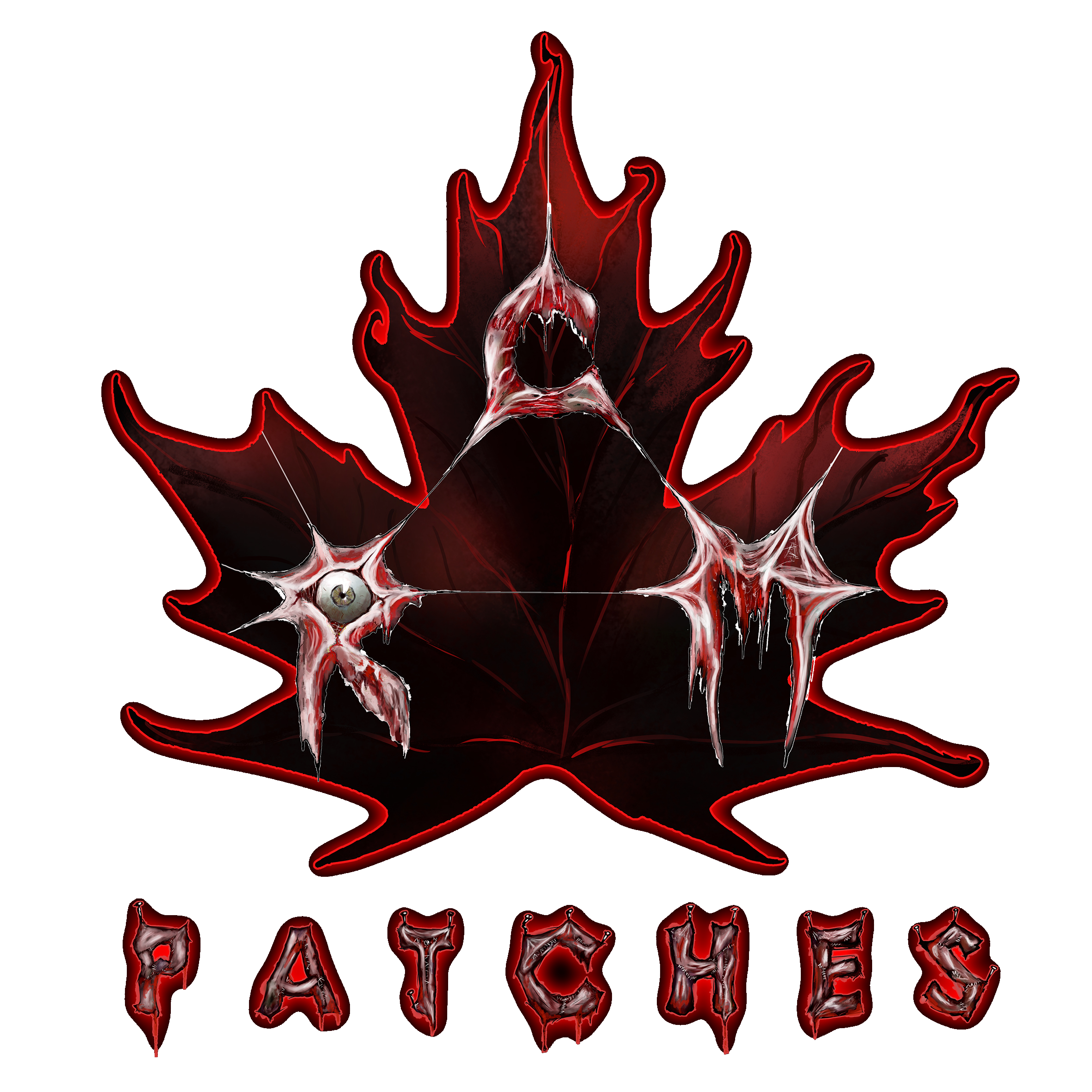 A dark, stylized maple leaf with glowing red outline. Inside the leaf, the word 'PATCHES' is spelled out in jagged, dripping letters resembling bloody, melting substance. The overall aesthetic is gothic and horror-themed. RCMPatches