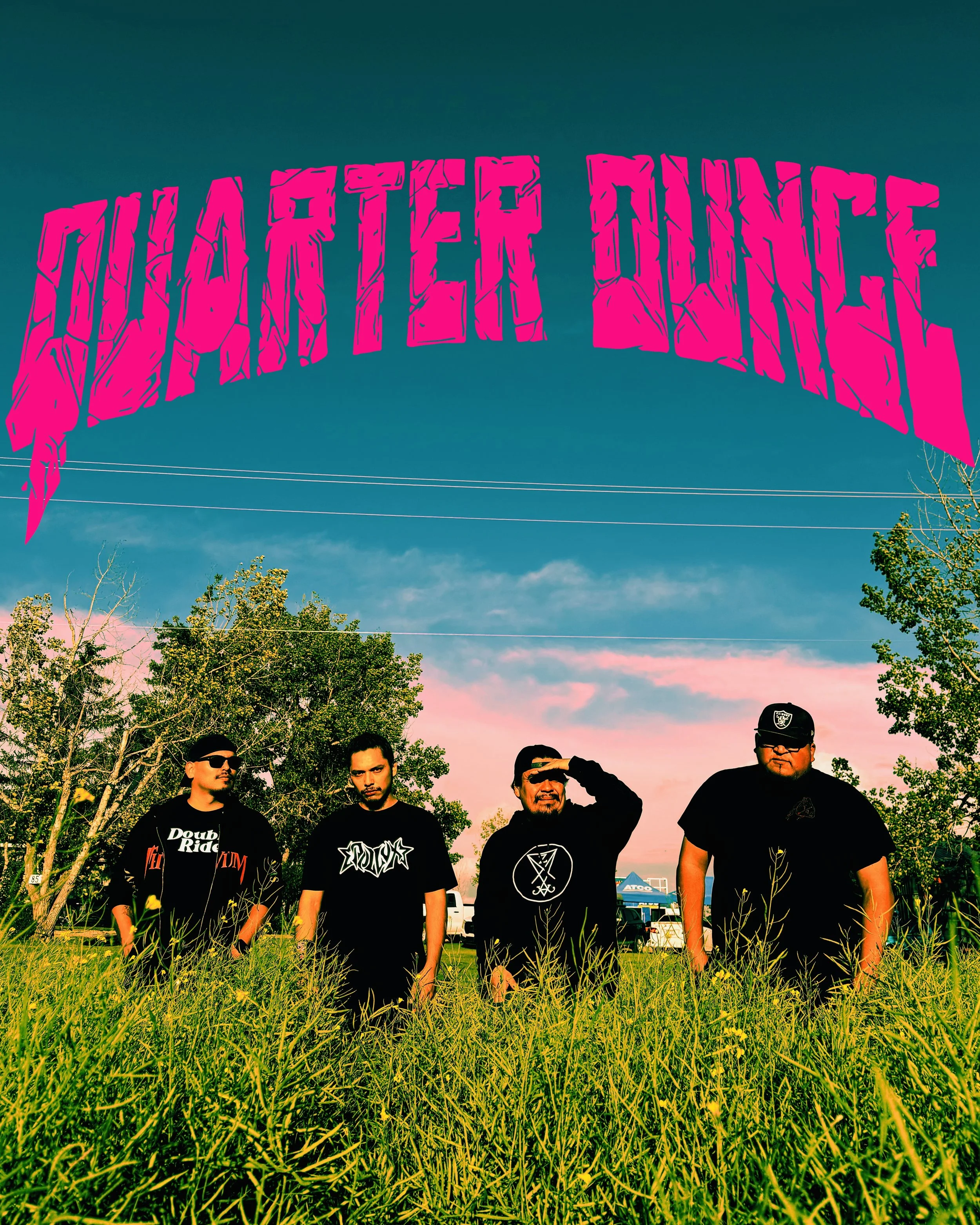 A band of four men standing in tall grass outdoors with trees and a parking lot in the background, and a vivid pink and blue sky. The large pink text saying "QUARTER OUNCE" is at the top of the image.