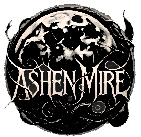 Black and white illustration of a full moon with dark clouds, with the band name 'Ashen Mire' styled in gothic font underneath.