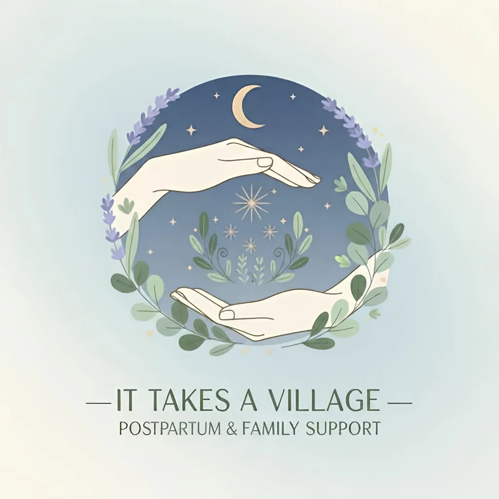 Illustration of two hands cupping a moonlit sky with stars and a crescent moon, surrounded by lavender and green leaves, with text saying "It Takes a Village - Postpartum & Family Support".