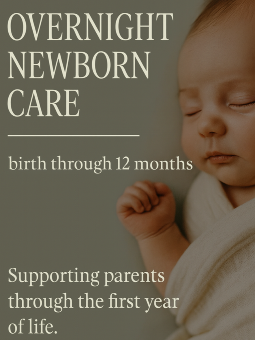 A close-up of a sleeping infant with a message about overnight newborn care from birth through 12 months, supporting parents through the first year of life.