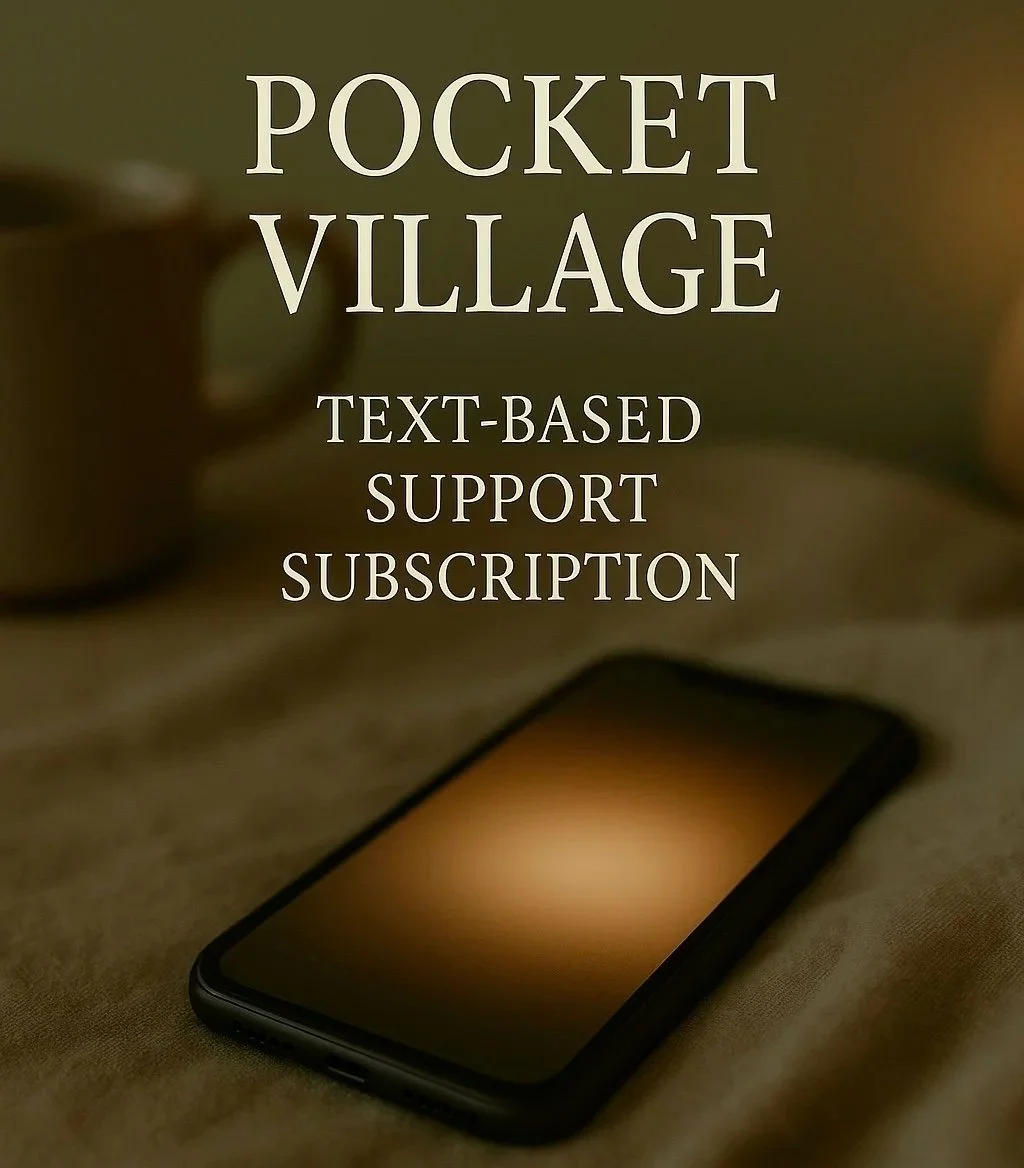 Text on a blurred background showing a smartphone with the words 'Pocket Village, Text-Based Support Subscription' overlaid.