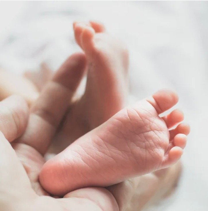 Close-up of a tiny, newborn baby's foot being held gently in an adult's hand.