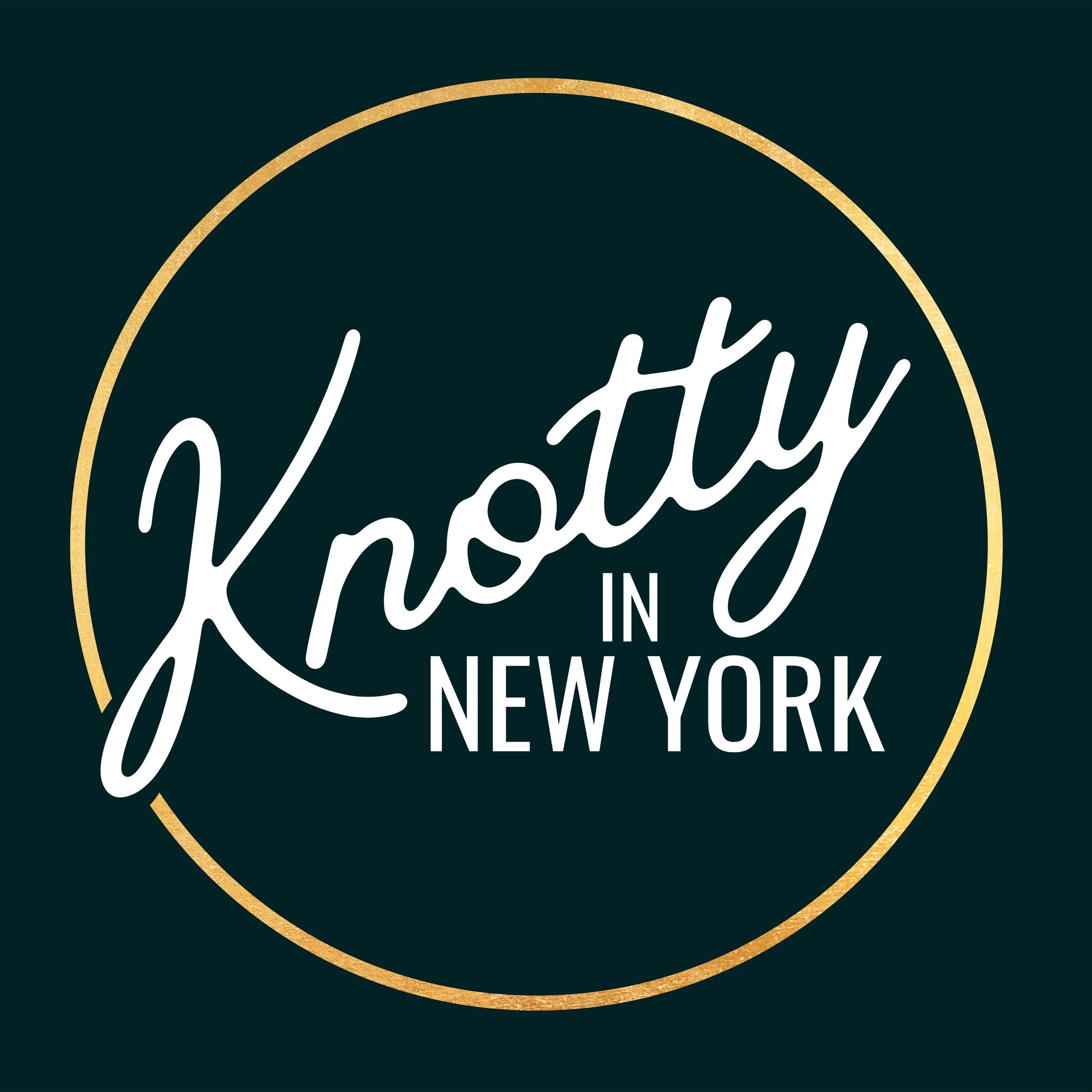 Text reads 'Knotty in New York' inside a gold circle on a dark background.