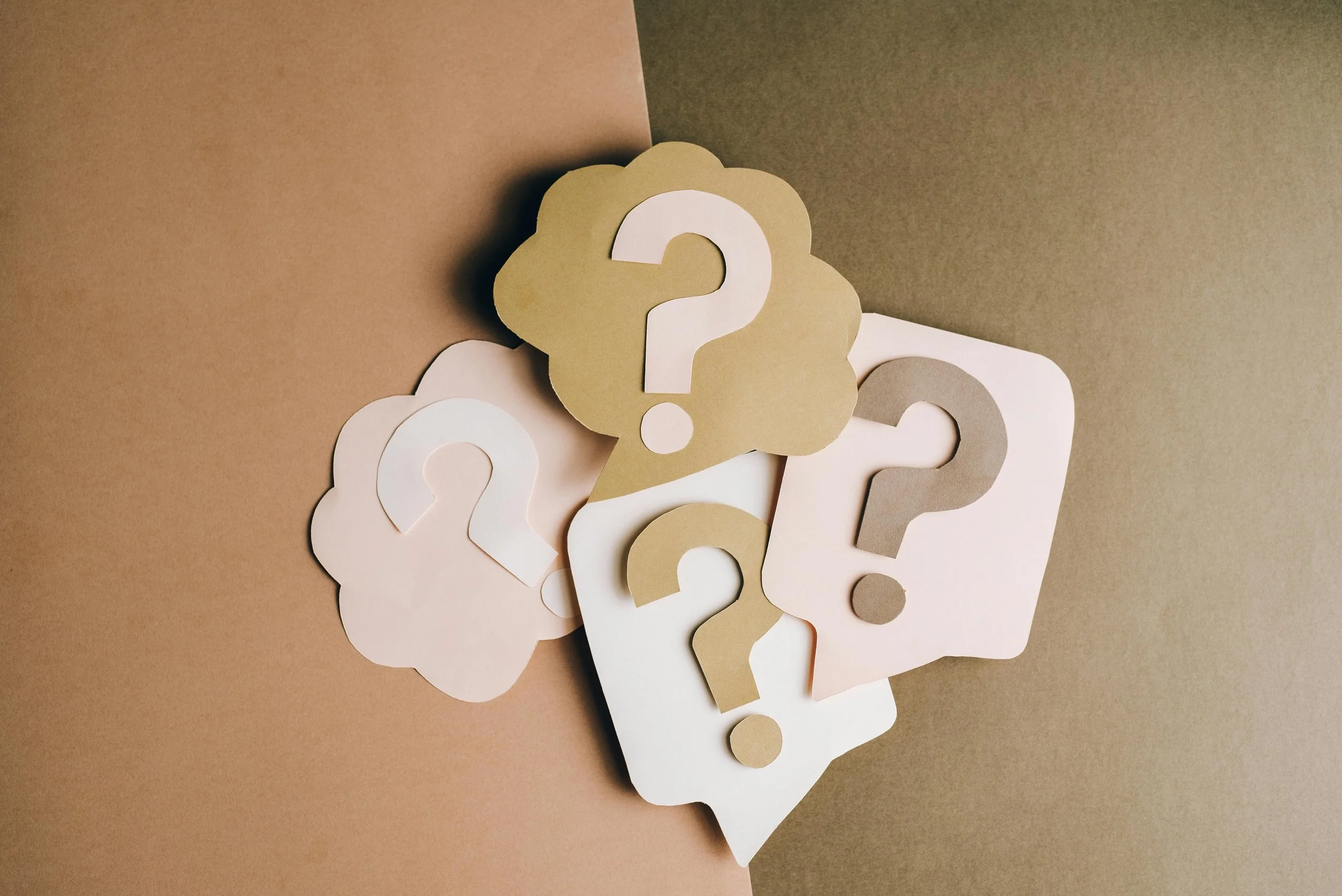 Collage of paper speech bubbles and question marks in different shapes and colors against a background divided into pink and brown sections.