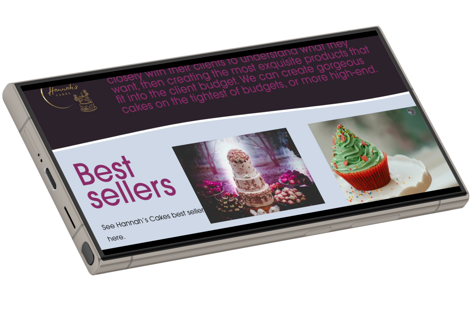 A smartphone displaying a website for Hannah's Cakes, showing a section titled Best Sellers with images of a decorated cake in a forest setting and a Christmas-themed cupcake with green frosting and sprinkles.