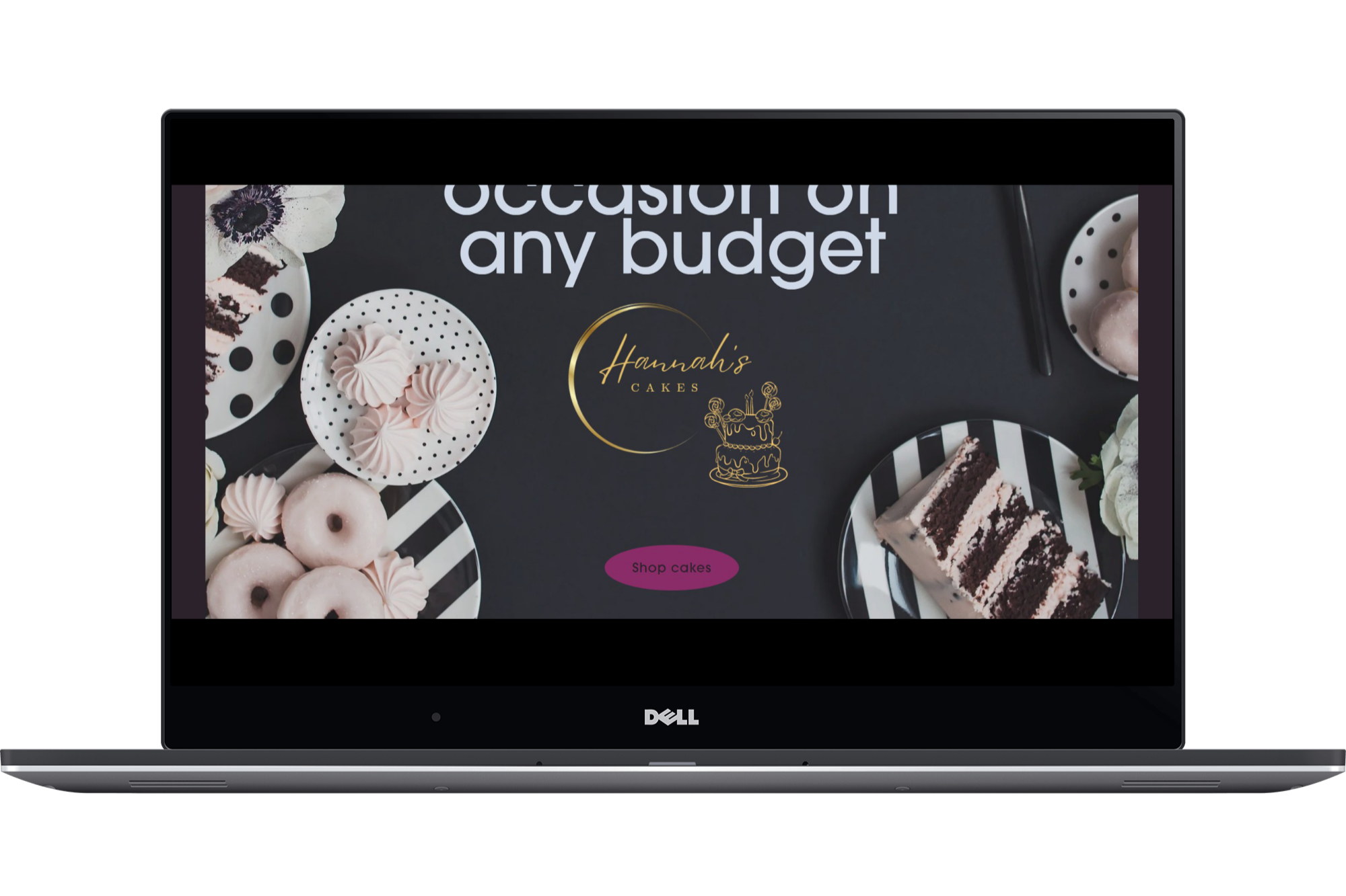 Laptop screen displaying a bakery website for Hannah's Cakes with images of various cakes and desserts on dark background.