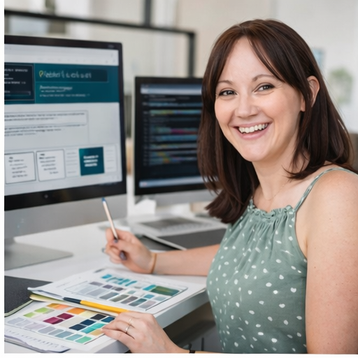 A woman with brown hair and a green polka dot sleeveless top is smiling at the camera while working at her desk with two computer monitors, color swatches, and a pen.