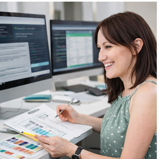 A woman smiling while working at her desk with two computer monitors, holding a paint swatch sample and a marker.