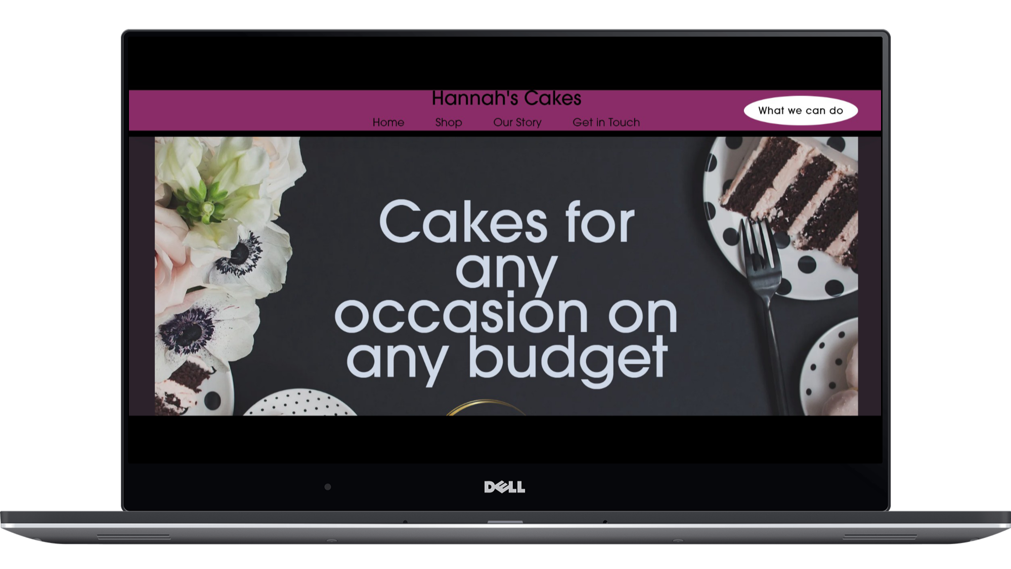 A laptop screen displaying a website for Hannah's Cakes with the headline "Cakes for any occasion on any budget" and an image of a slice of chocolate cake on a polka dot plate with a fork.