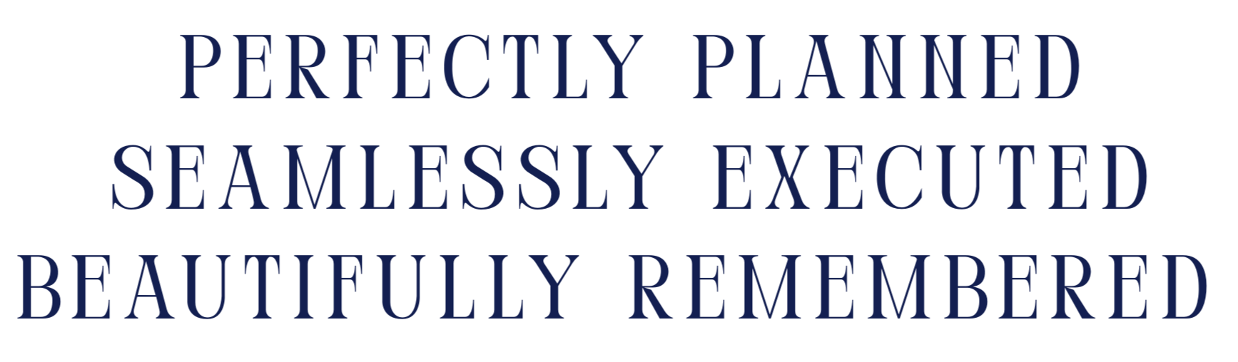 Text in dark blue font reading "PERFECTLY PLANNED SEAMLESSLY EXECUTED BEAUTIFULLY REMEMBERED"