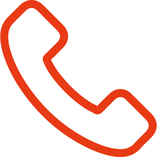Icon of a red telephone handset on a black background.