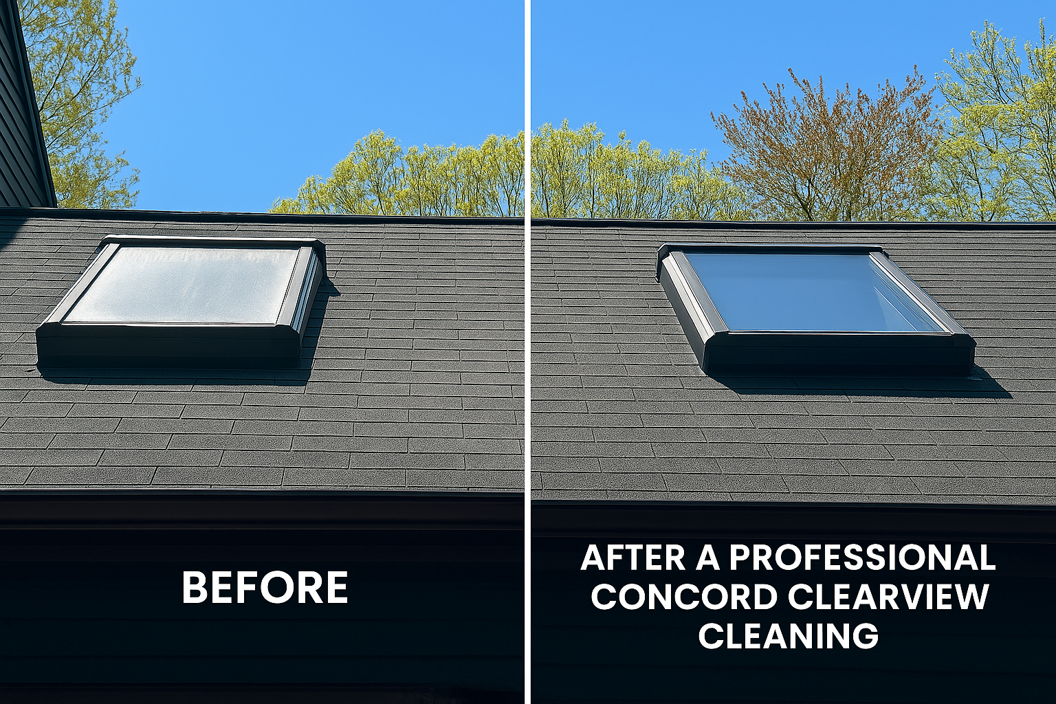 Comparison of two roof skylights, before and after professional cleaning, with clear blue sky and green trees in the background.