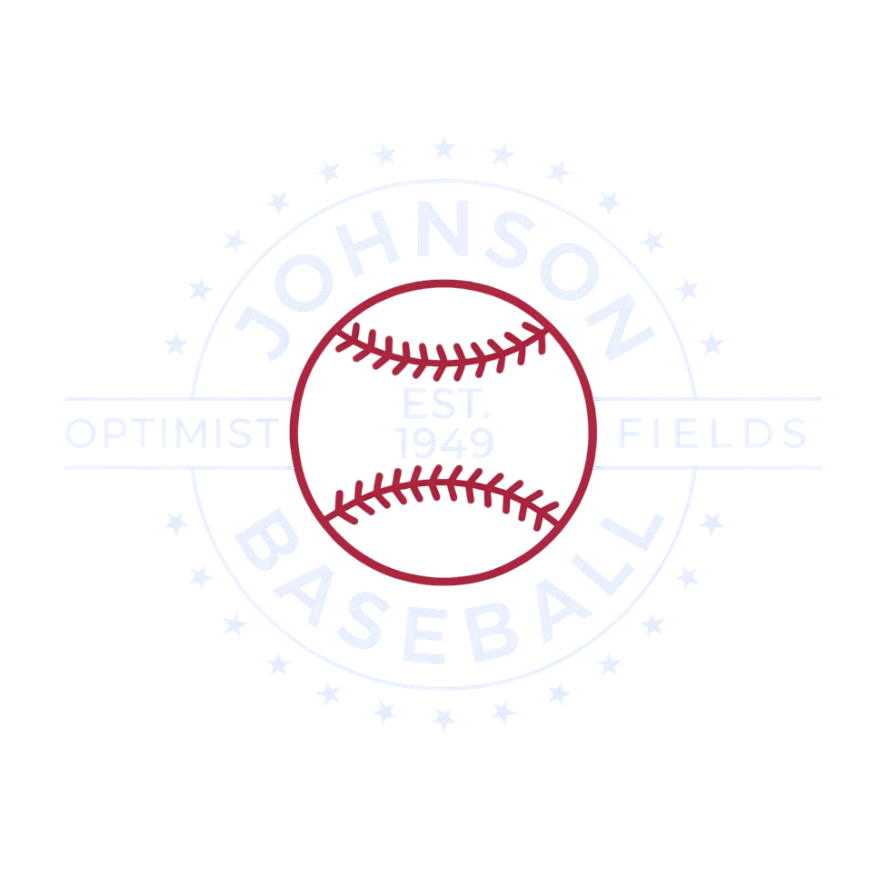 A logo for Johnson Baseball featuring a black background, white and red text, a baseball graphic, and stars.