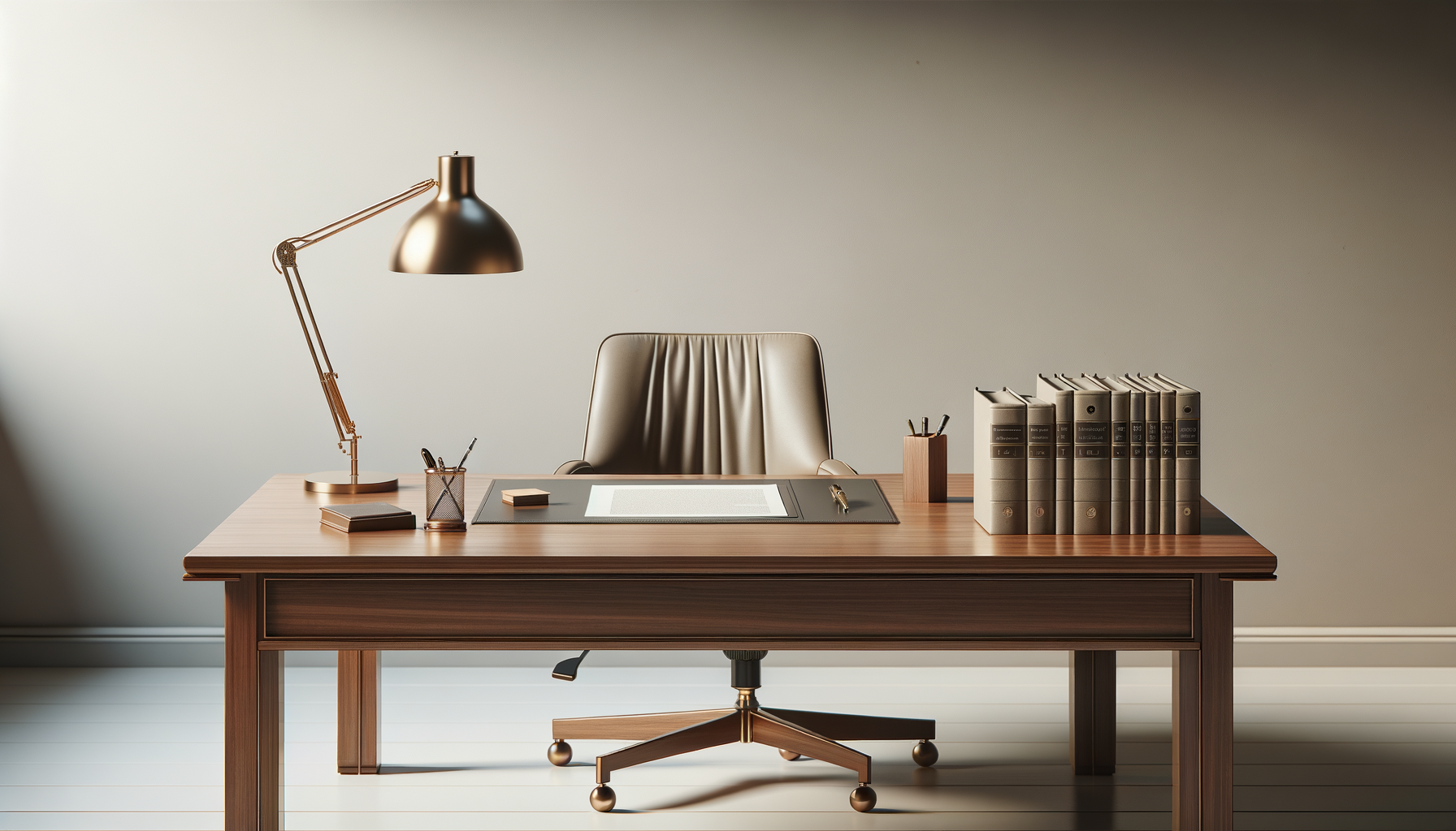Modern wooden desk with a leather office chair, a brass desk lamp, a stack of review binders, and various office supplies.