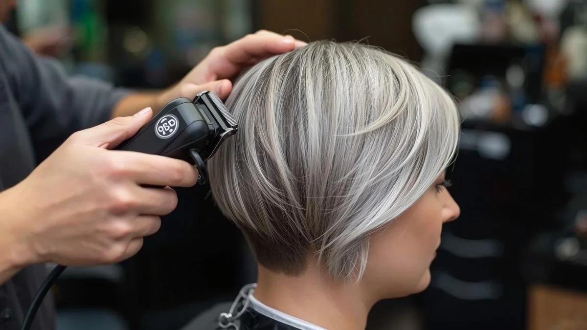 A woman with shoulder-length gray hair getting a haircut using electric hair clippers at a salon.