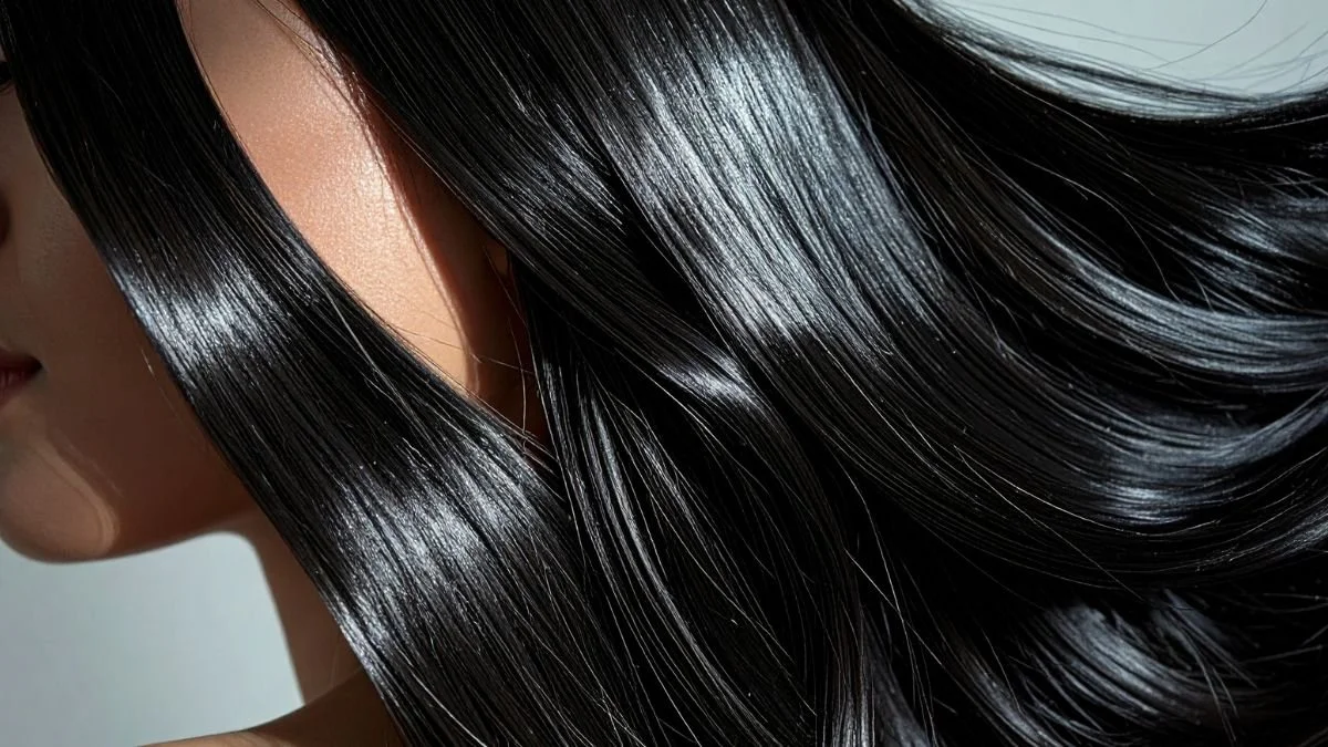 Close-up of long, shiny, black hair on a woman's head.