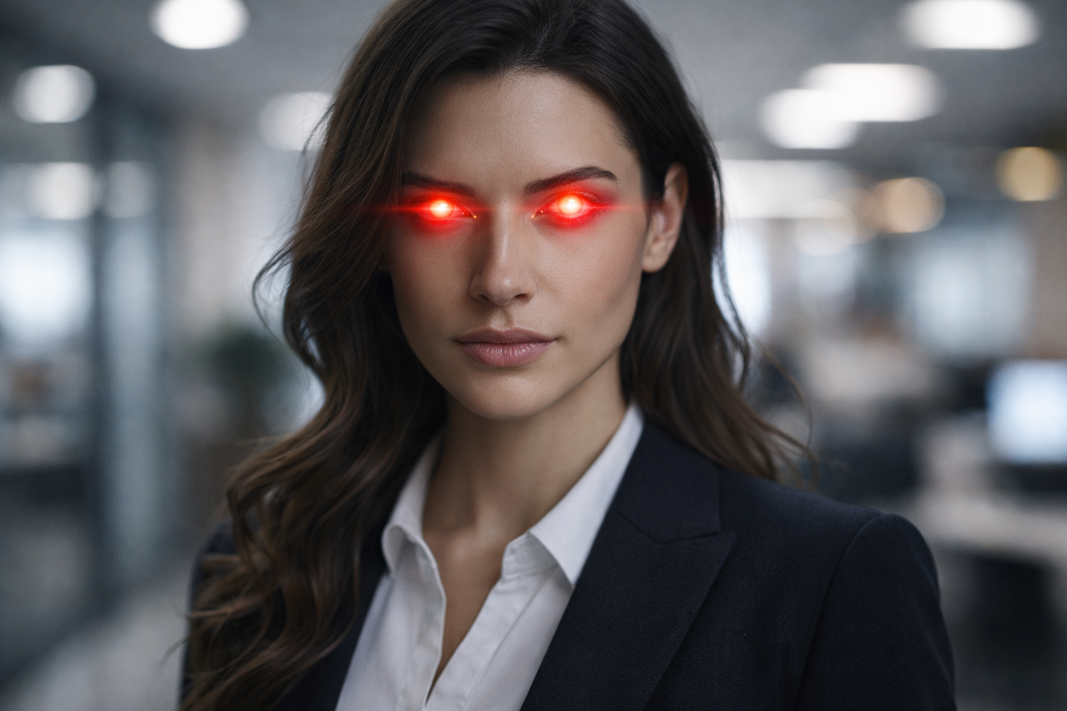 AI-generated professional headshot with glowing red eyes — a humorous illustration of AI image generation gone wrong