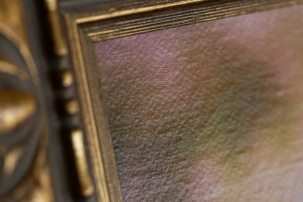 Close-up of an ornate picture frame with detailed gold and black accents, surrounding a textured beige or light brown wall.
