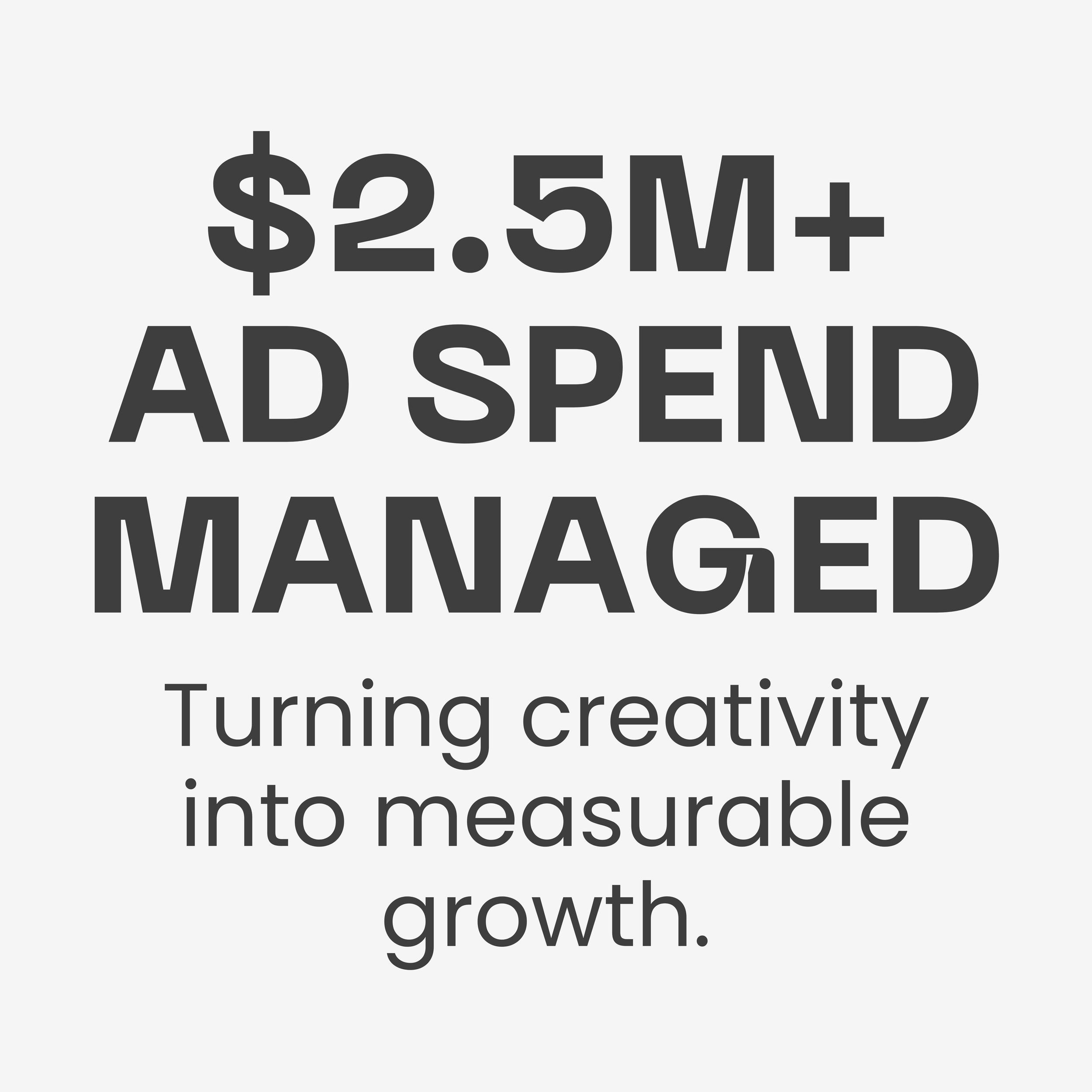 Text highlighting that over $2.5 million is spent on ads and managed for turning creativity into measurable growth.