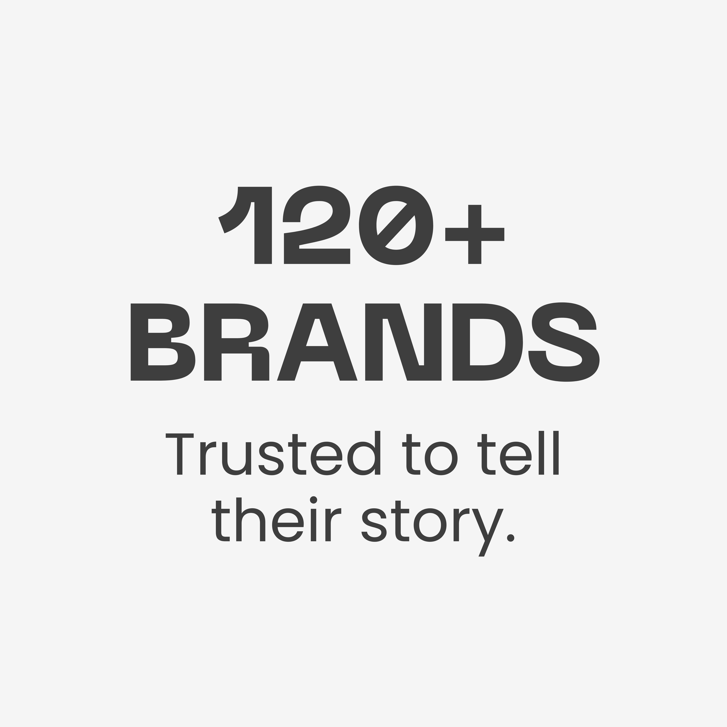 Text on a gray background that reads '120+ BRANDS' and 'Trusted to tell their story'.
