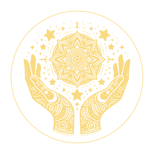 Gold illustration of detailed hands in a welcoming gesture holding a geometric cosmic design with stars, moons, and celestial patterns, all within a circular border.