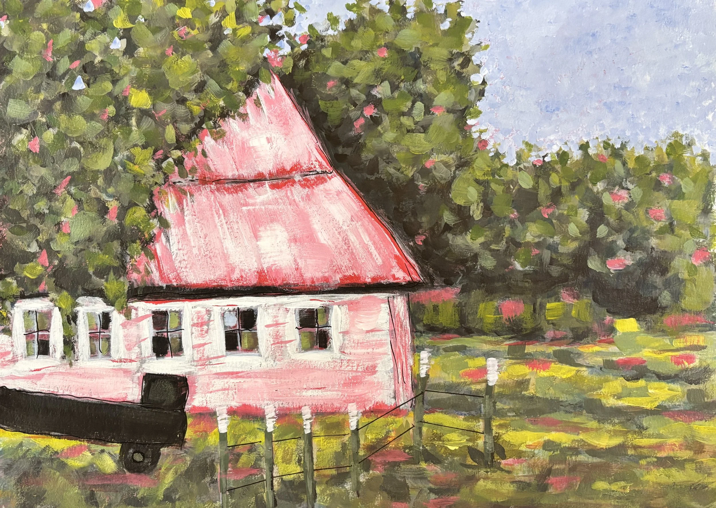 The Painted Cottage in Morning Glow 11 × 14 original acrylic