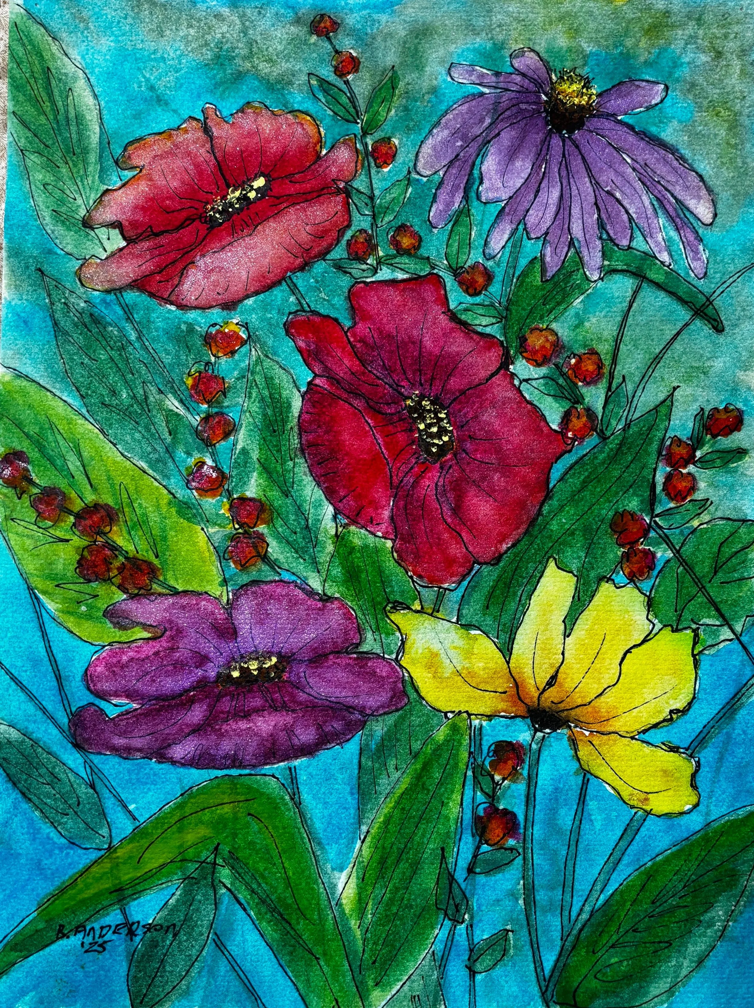 A colorful watercolor painting of various flowers including purple, red, pink, and yellow blooms with green leaves and stems on a blue background.