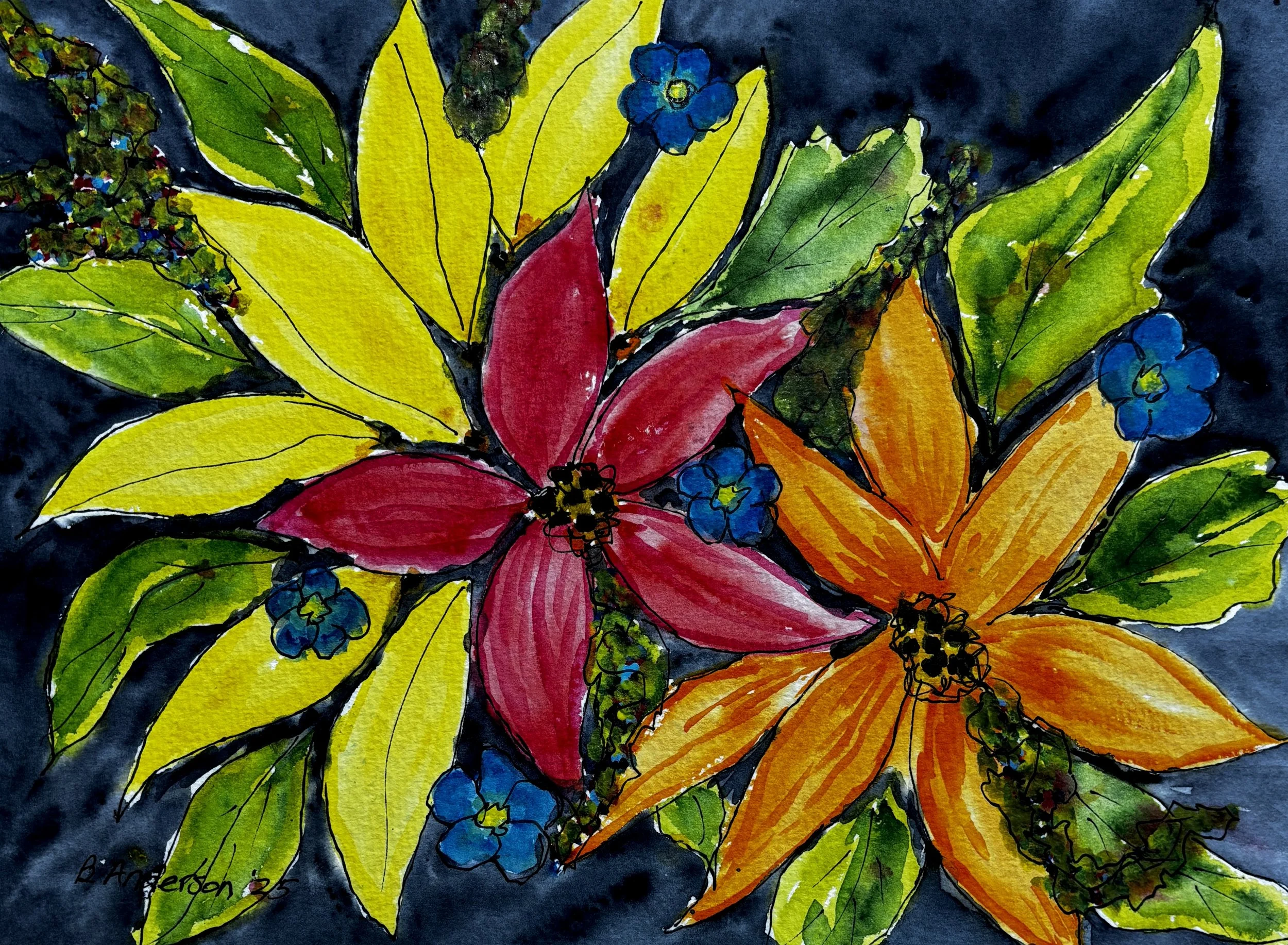 Tangerine Bloom on Midnight Veil - watercolor fine art print